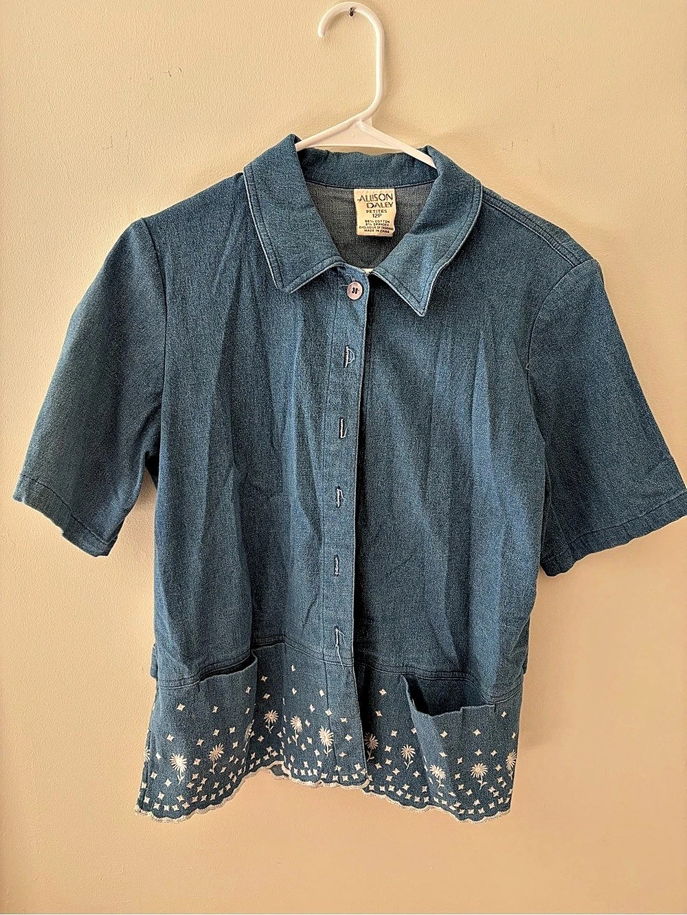 Alison Daley Blue Embroidered Button Front Top